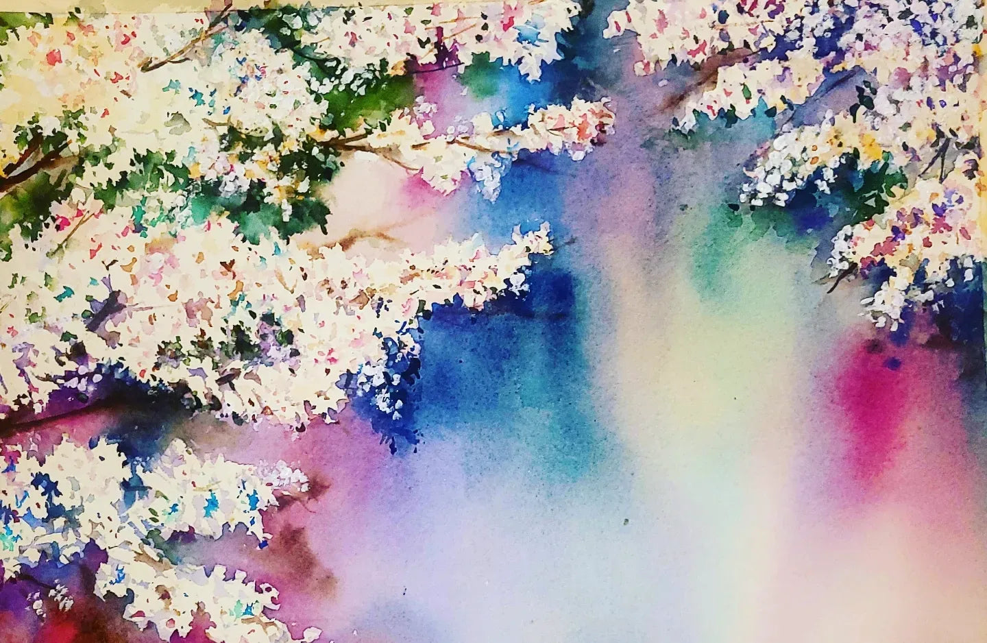 watercolor painting of beautiful spring blossoms, very vivid colors painted by maryam mohi
