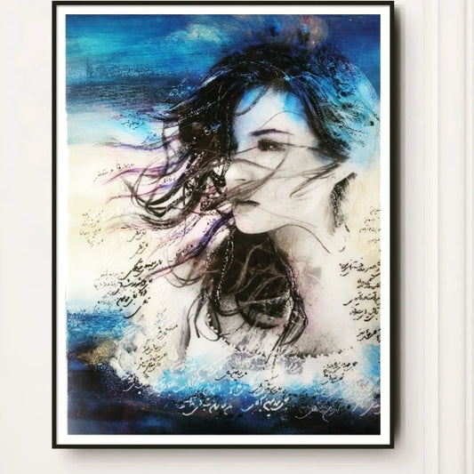 Framed abstract artwork of a woman with flowing hair against a blue and white background.