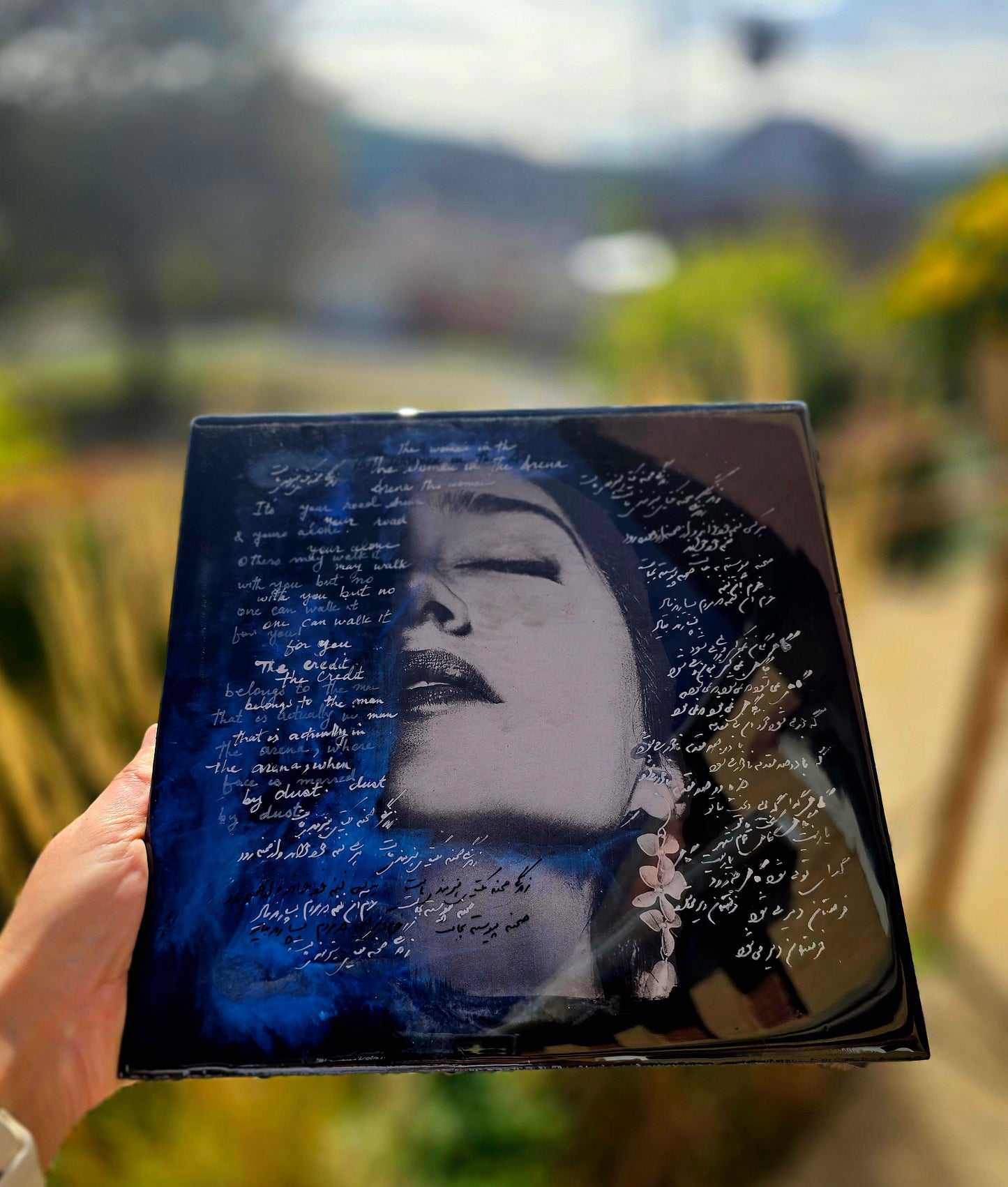 Self-Portrait Mixed Media Painting with Calligraphy under Resin Layers by Maryam Mohi