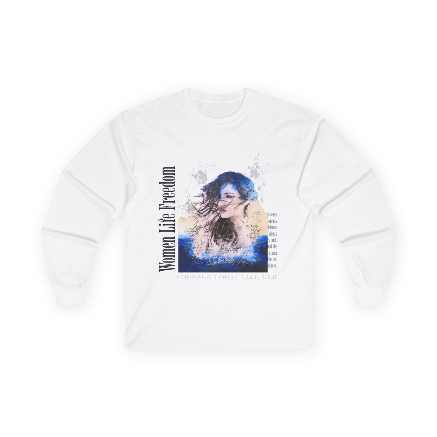 Woman in the Wind portrait Long Sleeve Tee | Feminine watercolor collage, blue accents