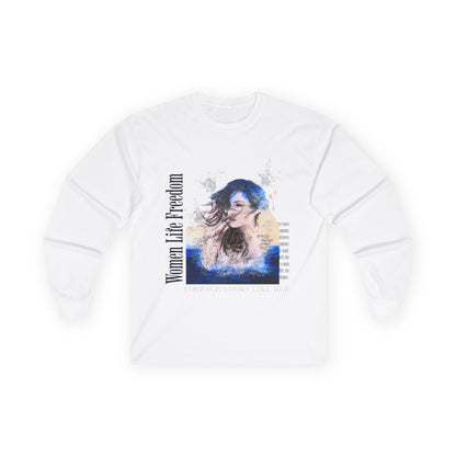 Woman in the Wind portrait Long Sleeve Tee | Feminine watercolor collage, blue accents