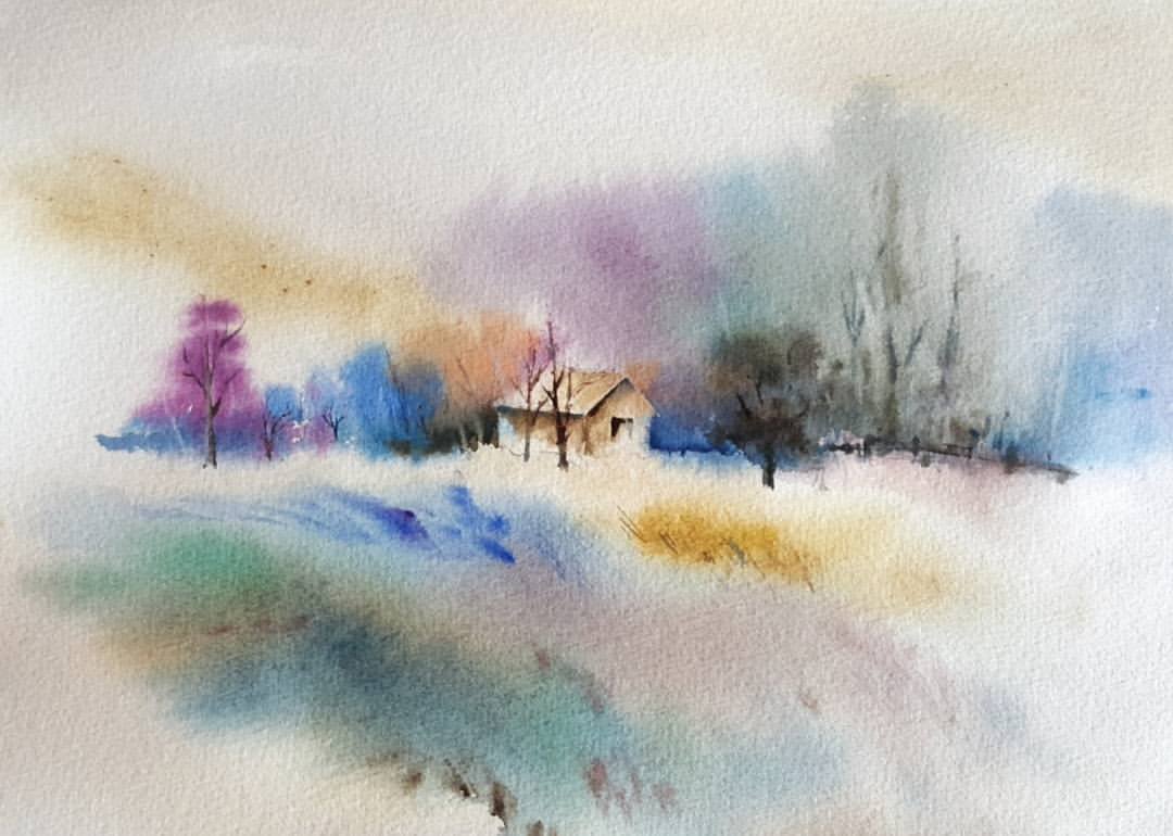 Watercolor painting of a snowy landscape with trees and a house.