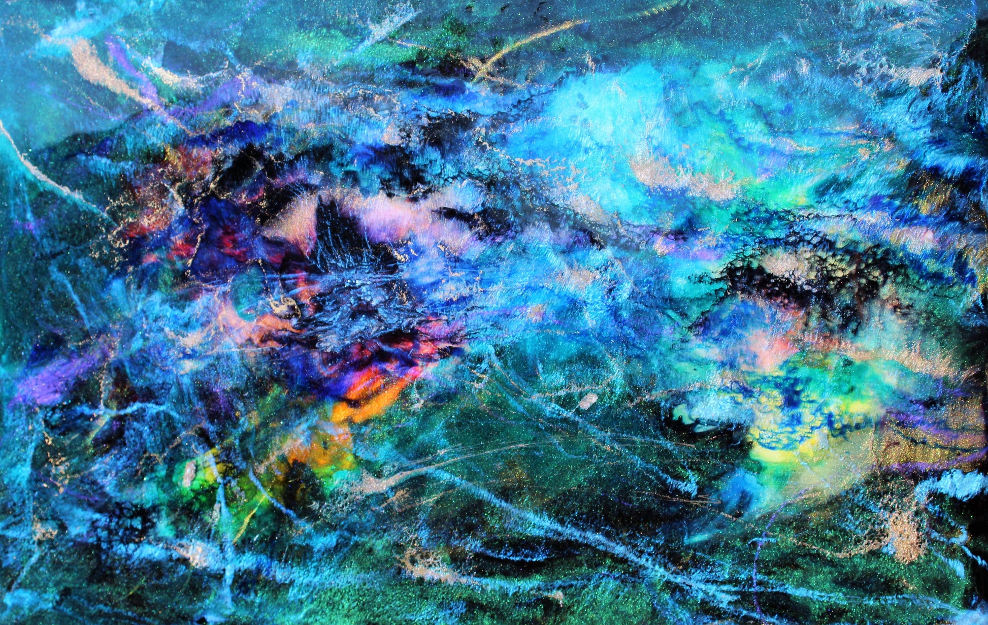 Abstract artwork with vibrant blue, green, and purple colors