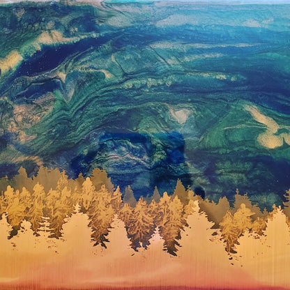 Artistic depiction of a landscape with trees and swirling colors