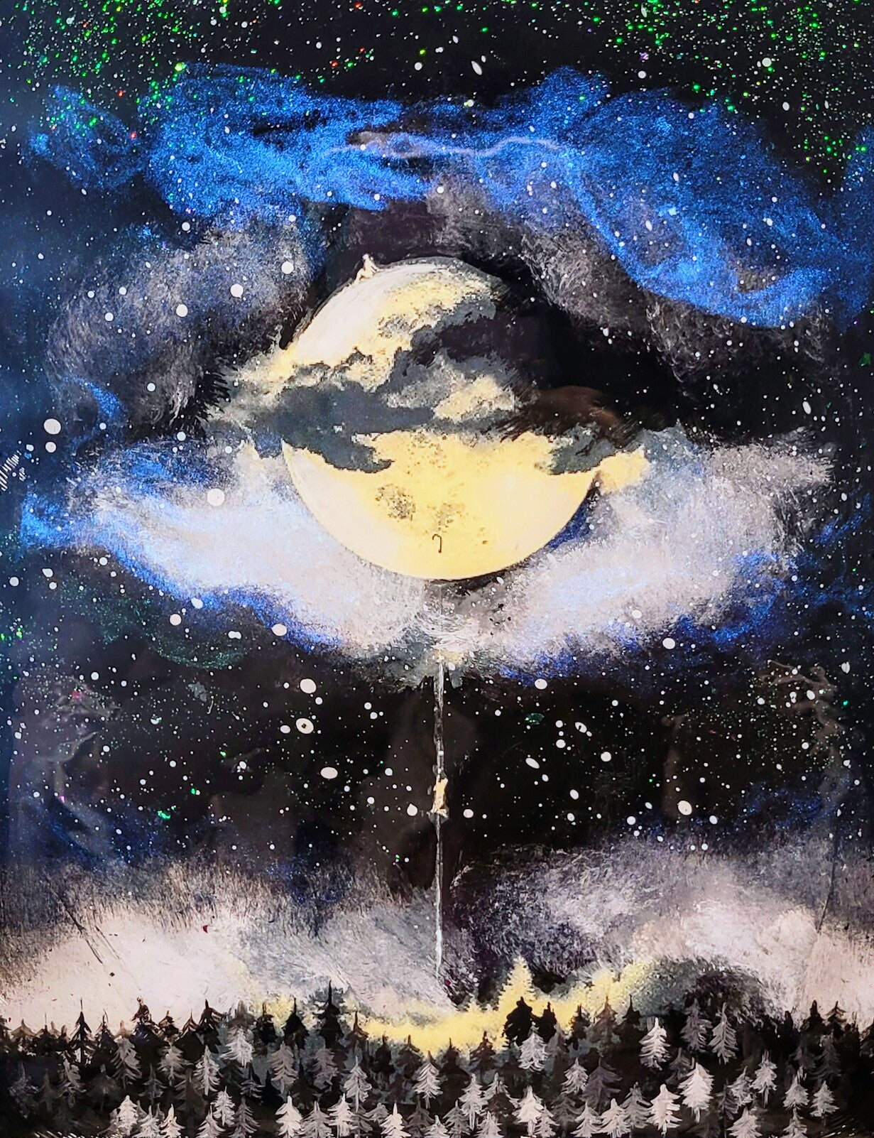 Painting of a moonlit night sky over a forest with stars and clouds.