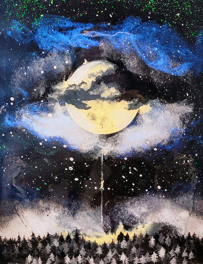Painting of a moonlit night sky over a forest with stars and clouds.