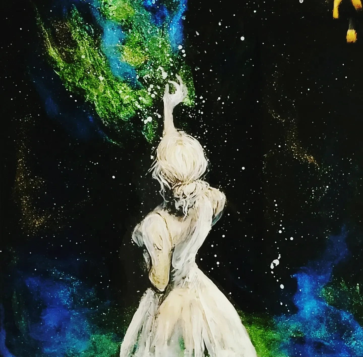 Artistic depiction of a figure with a flowing white dress against a cosmic background