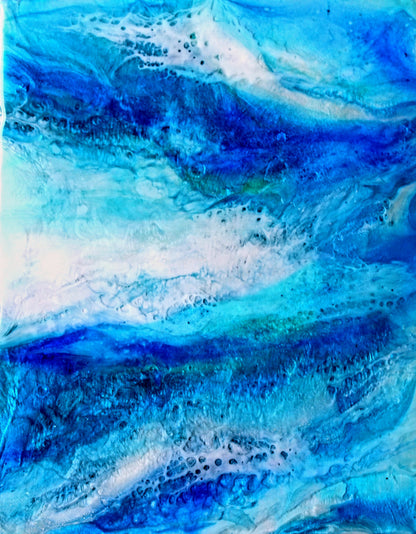 Abstract artwork with swirling blue and white patterns
