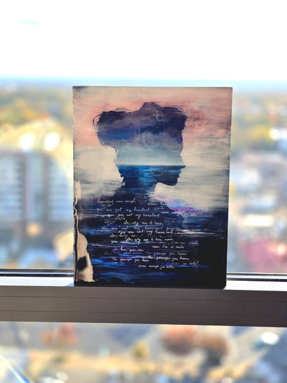 Self-Portrait Mixed Media Resin Artwork with Poetic Calligraphy | Original Painting