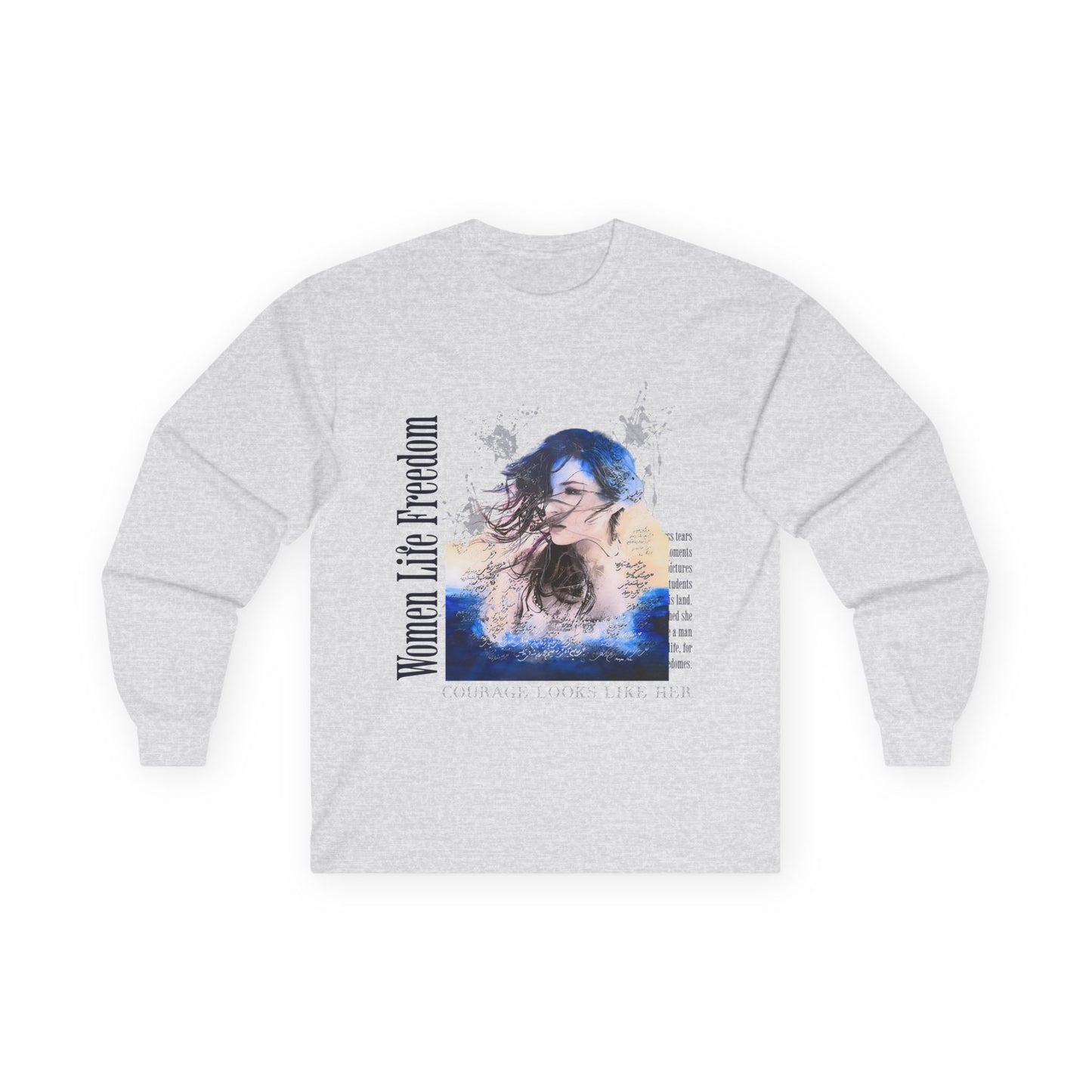 Woman in the Wind portrait Long Sleeve Tee | Feminine watercolor collage, blue accents