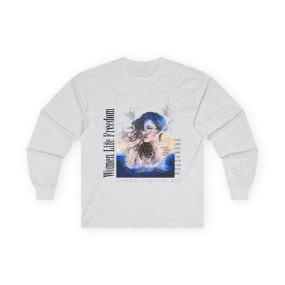 Woman in the Wind portrait Long Sleeve Tee | Feminine watercolor collage, blue accents