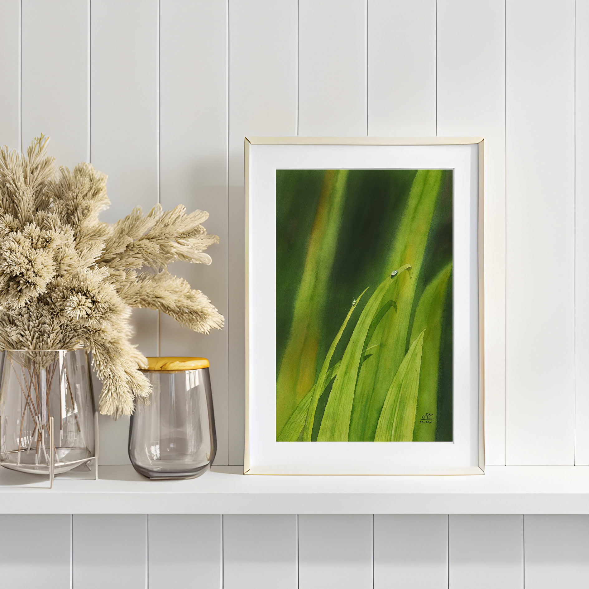 A watercolor painting featuring lush green leaves, with one leaf adorned by a delicate dew drop — a unique, vibrant piece that beautifully captures nature’s freshness and charm. Perfect for nature lovers and art enthusiasts alike. 
