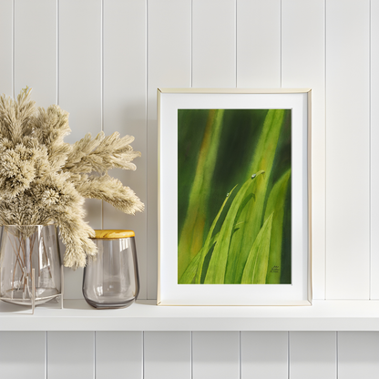 A watercolor painting featuring lush green leaves, with one leaf adorned by a delicate dew drop — a unique, vibrant piece that beautifully captures nature’s freshness and charm. Perfect for nature lovers and art enthusiasts alike. 