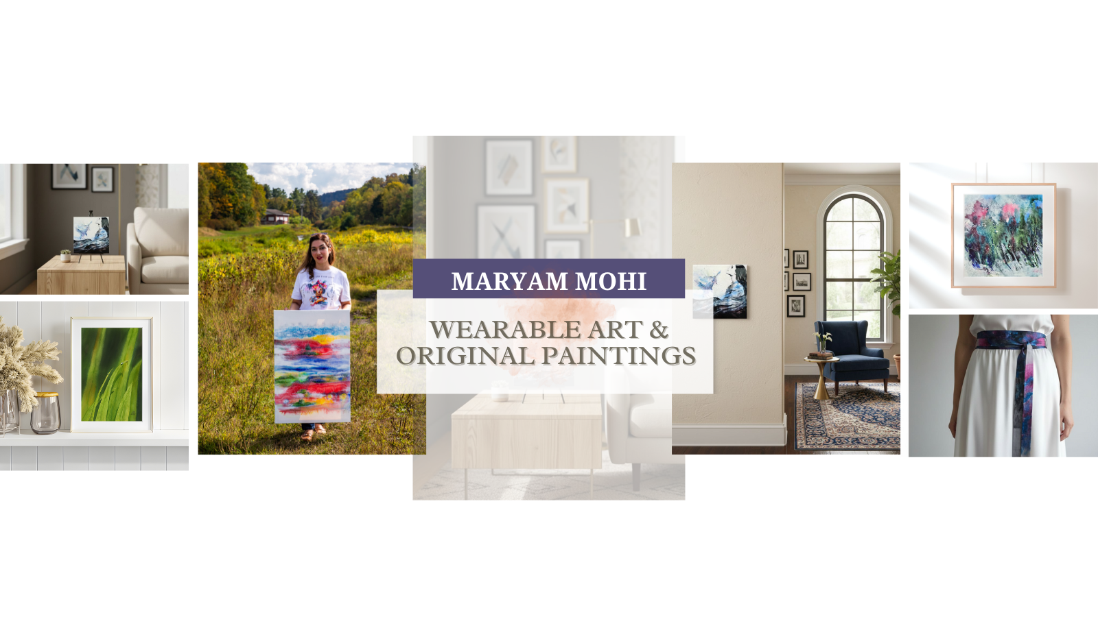 Promotional banner for Maryam Mohi featuring images of art and a person painting, with text about wearable art and original paintings.