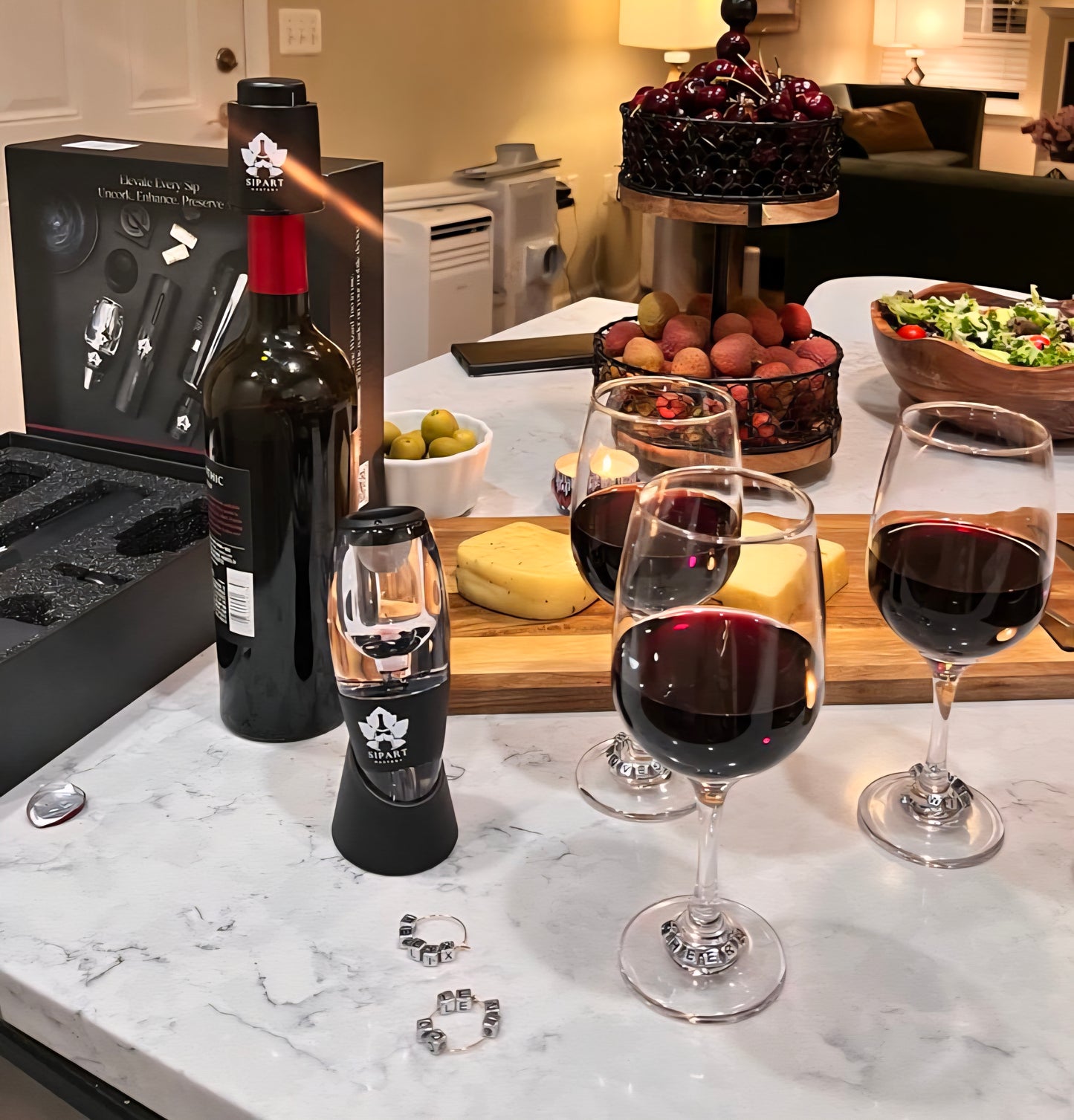 Customized Wine Opener Gift Set with Personalized Wine Charms , Electric Wine Opener, Aerator & Stopper Trio in Gift Box