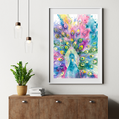 Colorful peacock painting in a white frame on a wall above a wooden cabinet with a plant and books.