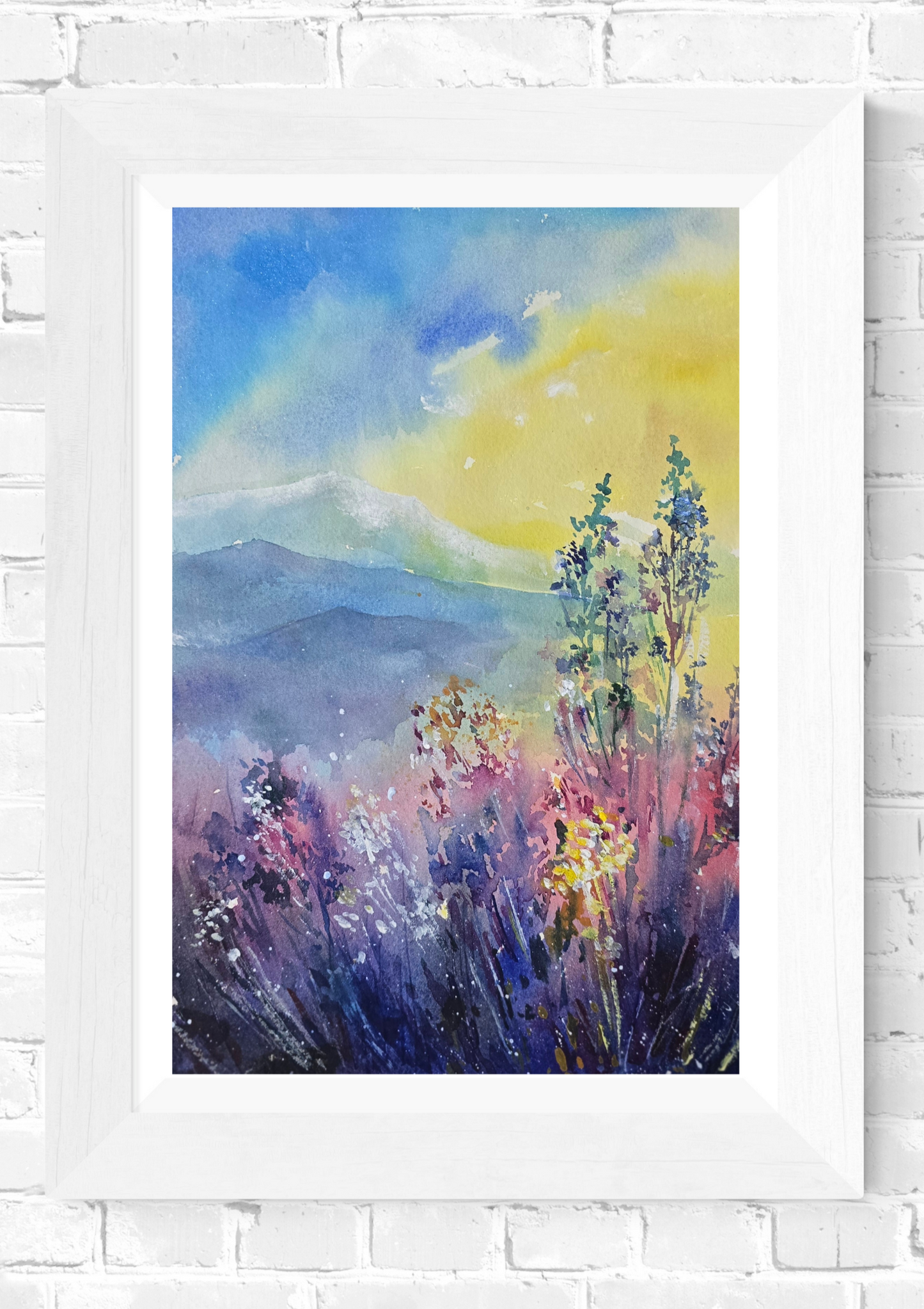 Original Watercolor Landscape Painting, Sunrise Mountain Meadow Wall Art - Golden Hour Wildflowers