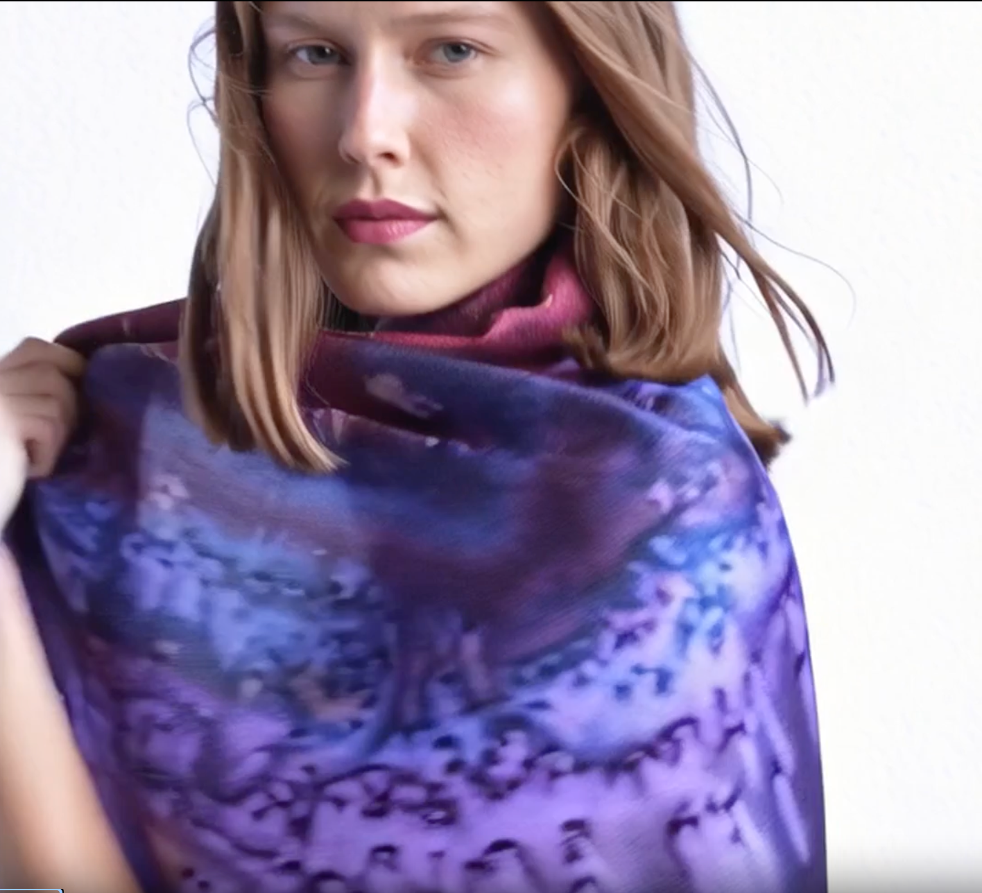 Woman wearing a purple patterned scarf on a white background designed by Maryam Mohi