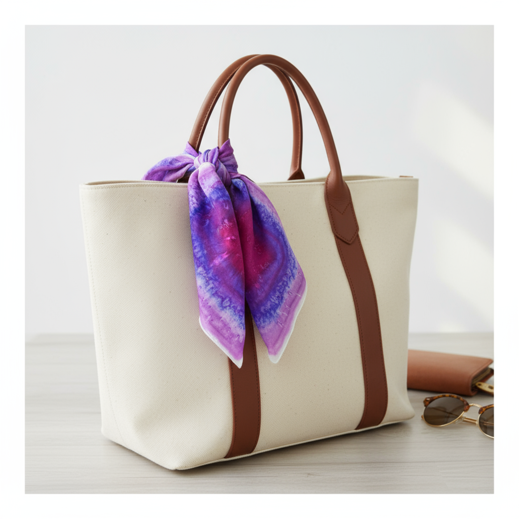 Beige tote bag with brown handles and strap, featuring a purple scarf, on a light wooden surface.