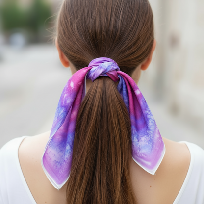 Person with a purple and pink scarf tied around their ponytail against a blurred background