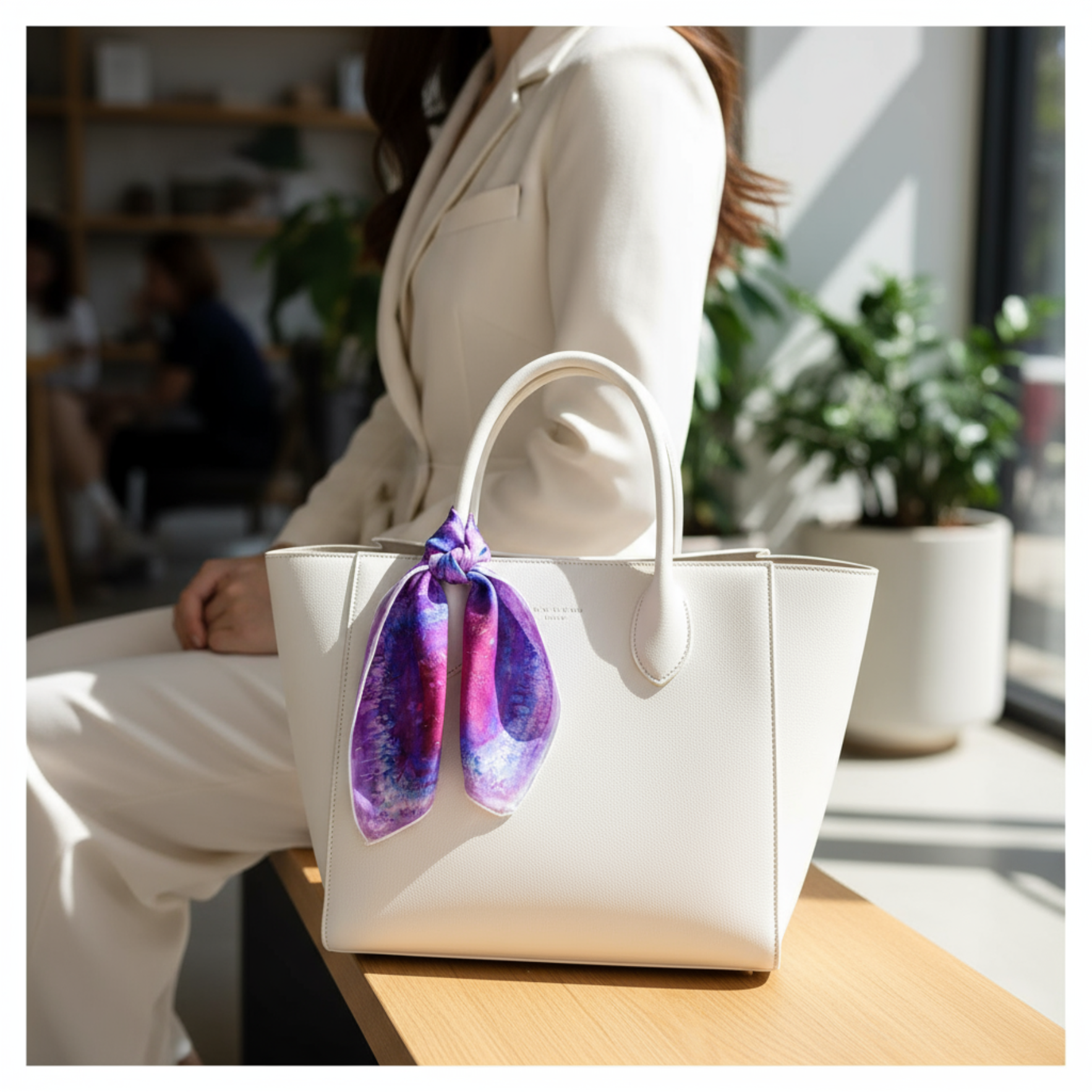 White handbag with a colorful scarf draped over it, held by a person in a blurred indoor setting.