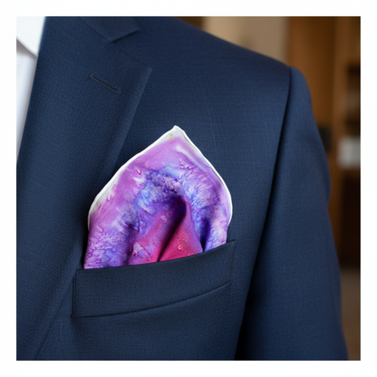 Navy blue suit with a colorful pocket square