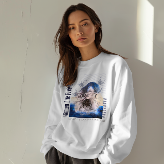 Woman in the Wind portrait Long Sleeve Tee | Feminine watercolor collage, blue accents