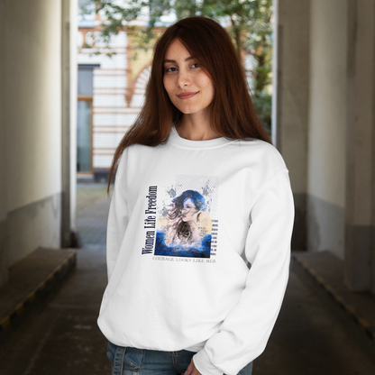 Woman in the Wind portrait Long Sleeve Tee | Feminine watercolor collage, blue accents