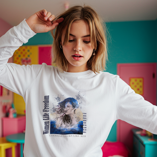 Woman in the Wind portrait Long Sleeve Tee | Feminine watercolor collage, blue accents