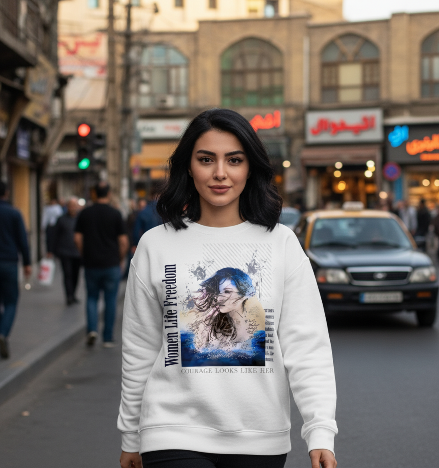 Woman in the Wind portrait Long Sleeve Tee | Feminine watercolor collage, blue accents