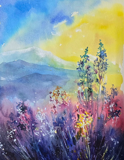 Original Watercolor Landscape Painting, Sunrise Mountain Meadow Wall Art - Golden Hour Wildflowers