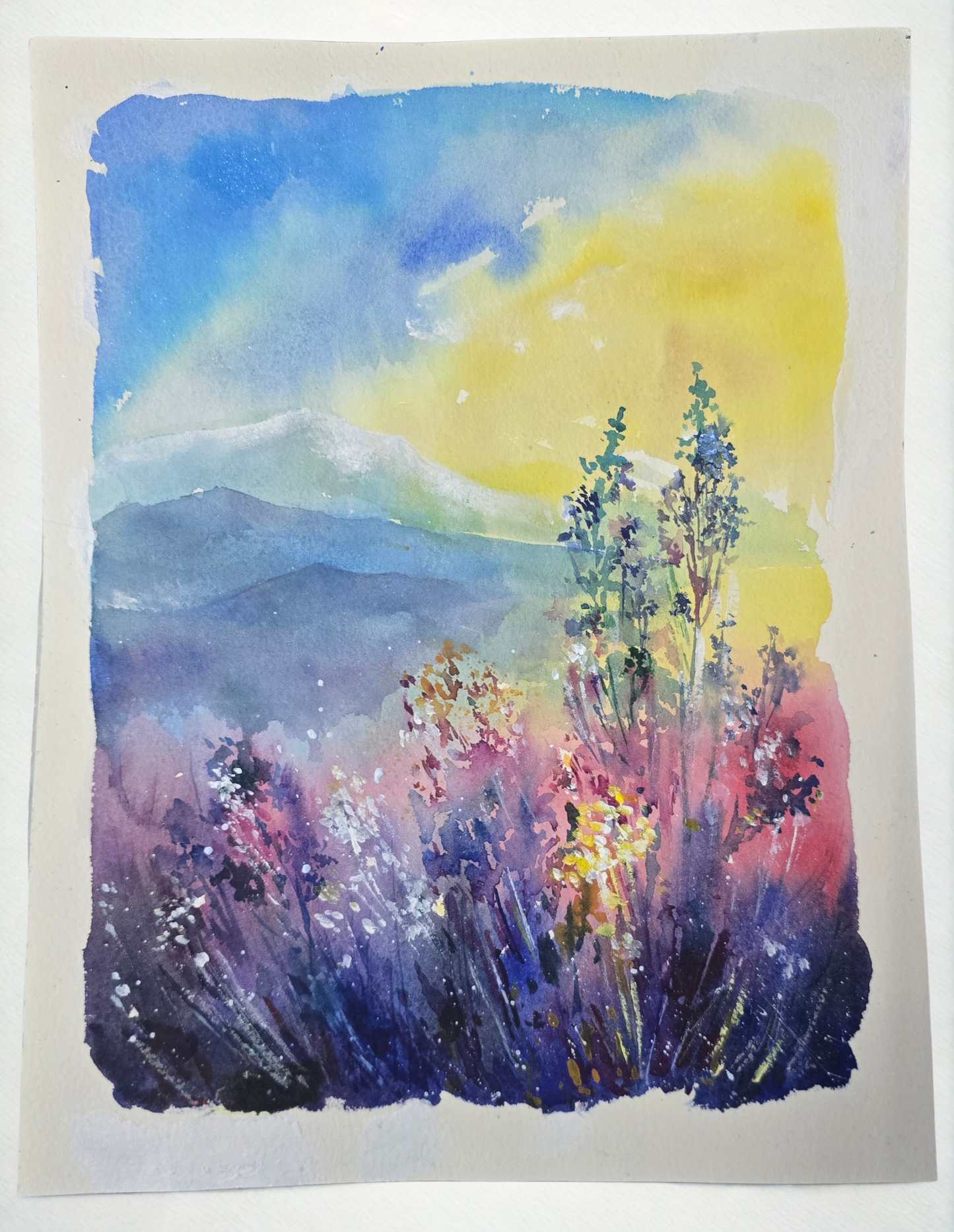 Original Watercolor Landscape Painting, Sunrise Mountain Meadow Wall Art - Golden Hour Wildflowers