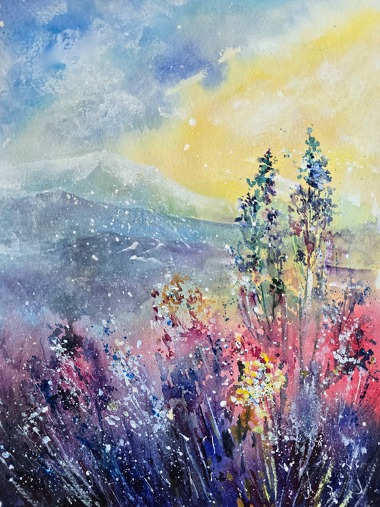 Original Watercolor Landscape Painting, Sunrise Mountain Meadow Wall Art - Golden Hour Wildflowers