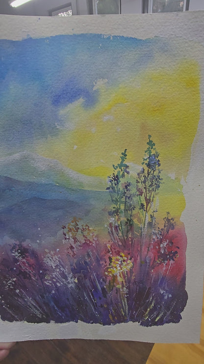 Original Watercolor Landscape Painting, Sunrise Mountain Meadow Wall Art - Golden Hour Wildflowers