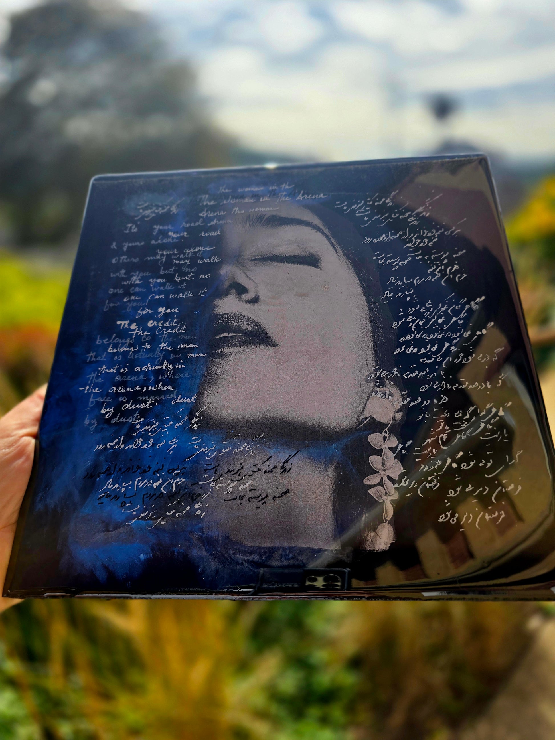 Self-Portrait Mixed Media Painting with Calligraphy under Resin Layers by Maryam Mohi